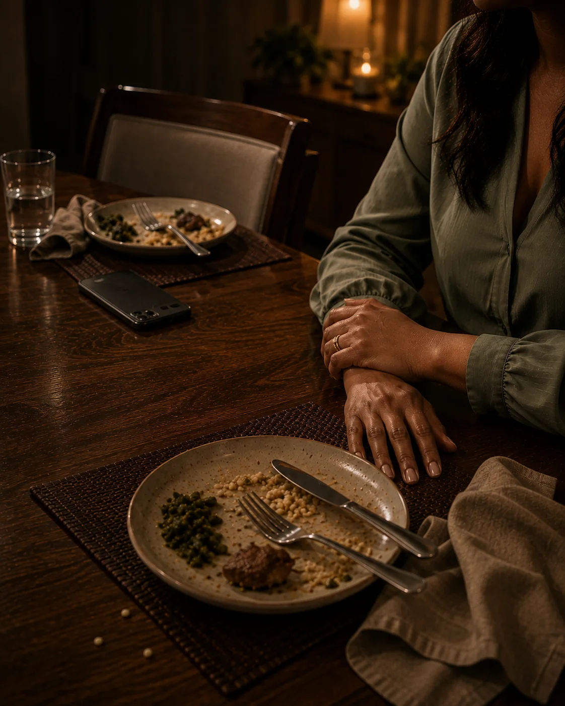 A quiet dinner table with an untouched plate, a phone face-down, and a woman's folded hands.