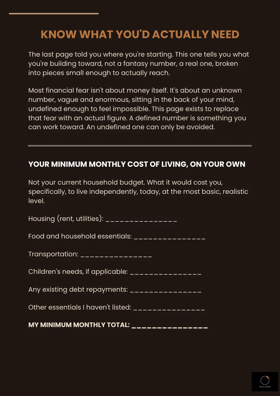 Preview of The Quiet Fund page showing the minimum monthly cost of living exercise.