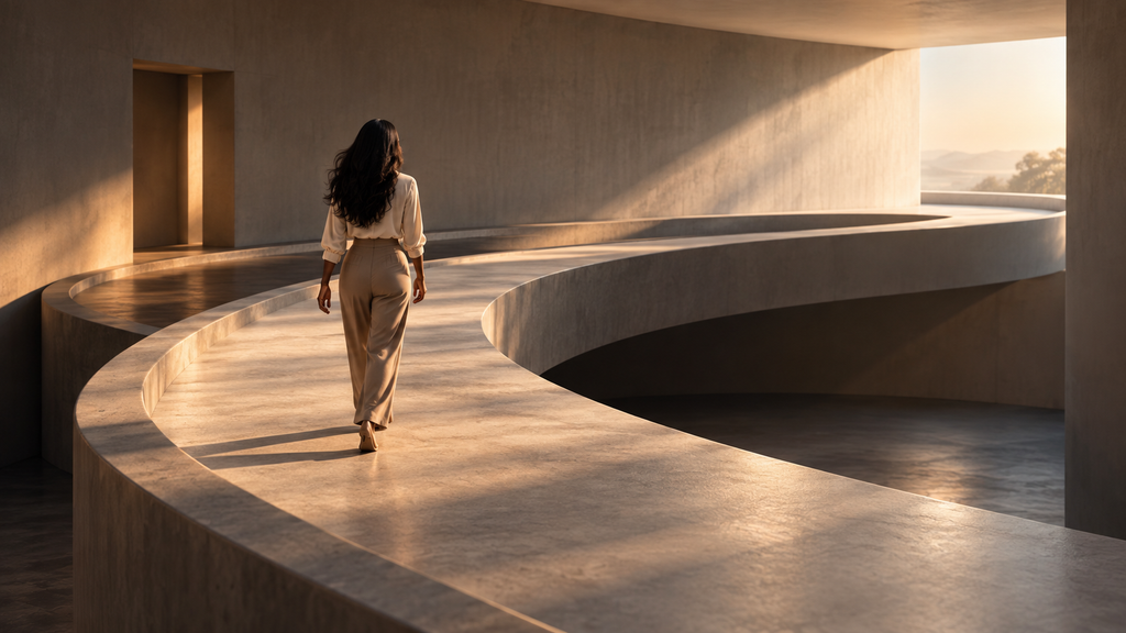Woman walking along a curved path, illustrating working hard and still feel stuck in a repeating financial pattern.