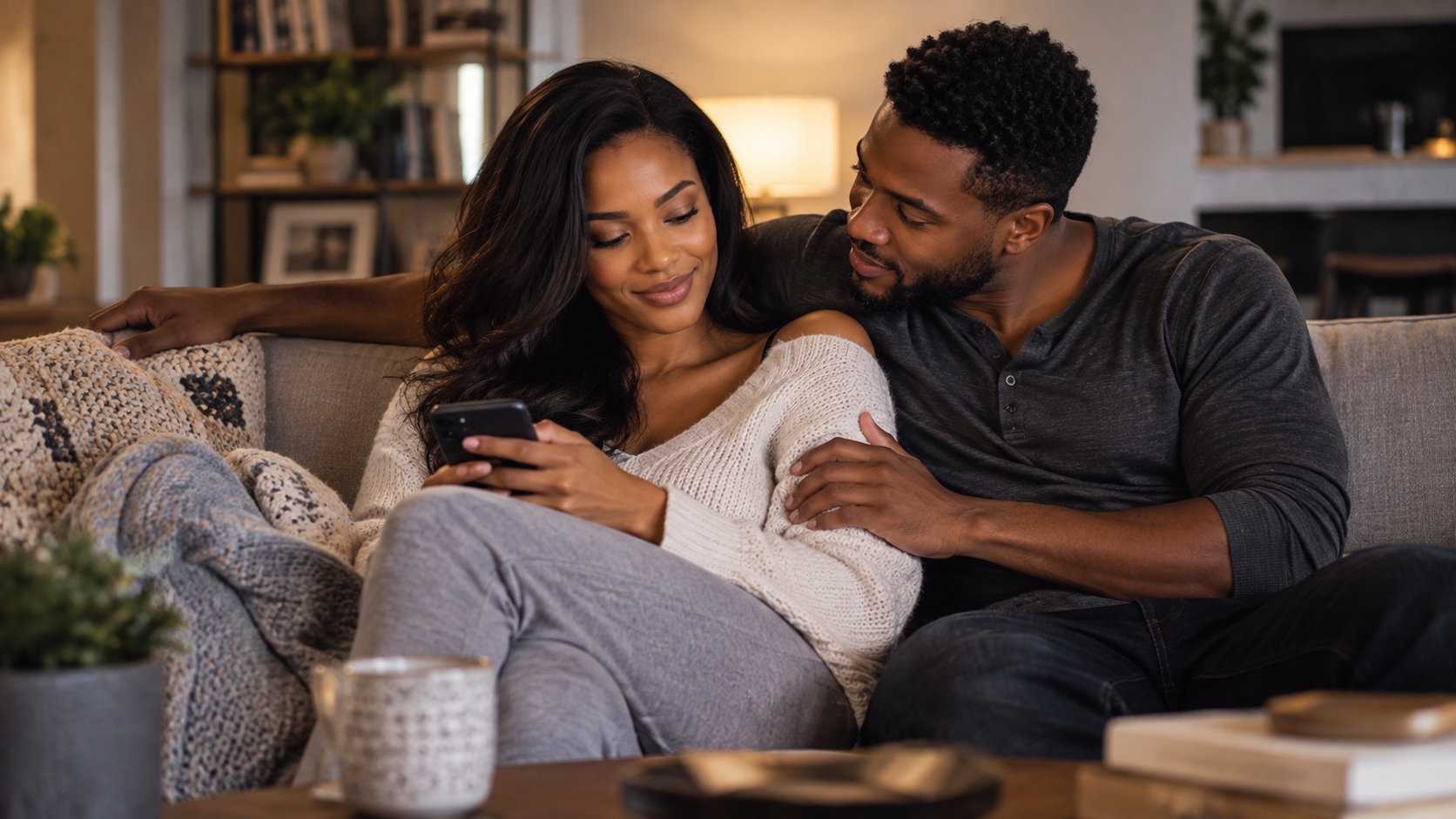Man is still all over you: a couple sits closely on a sofa as the man leans toward his partner with affectionate attention.