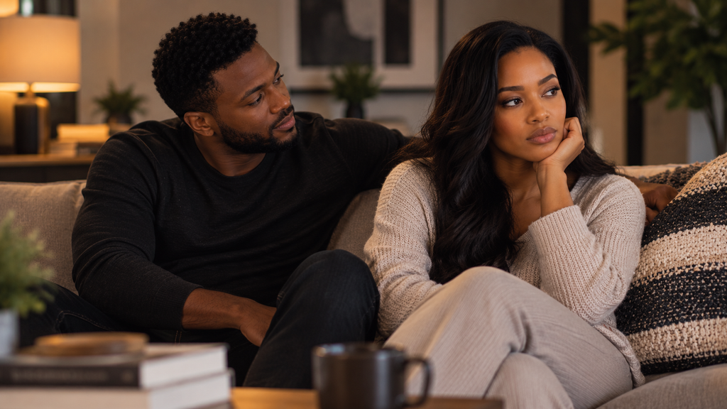Man is still all over you: a thoughtful woman sits beside her attentive partner while looking away in an emotionally distant moment.