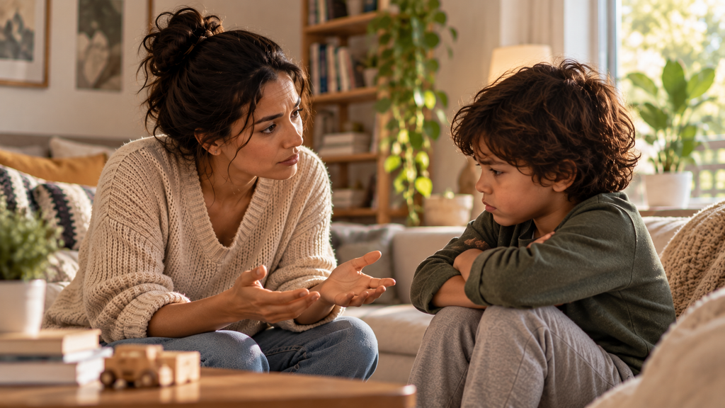 Am I a good parent? Mother calmly talking with her upset child while trying to understand his behaviour