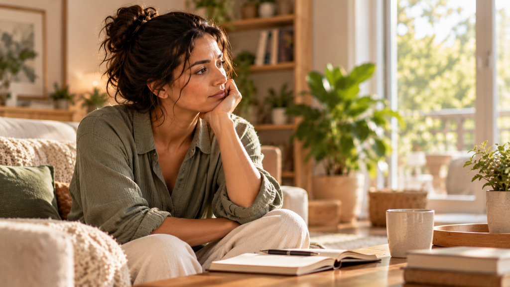 Am I a good parent? Mother sitting quietly and reflecting on her response to a difficult parenting moment