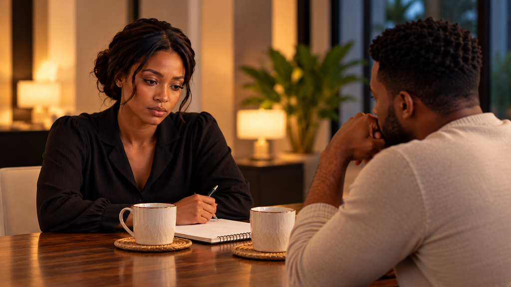 Married couple sitting across from each other with matching coffee cups and notes, illustrating how marriage problems or a difficult season can become a repeating relationship pattern.