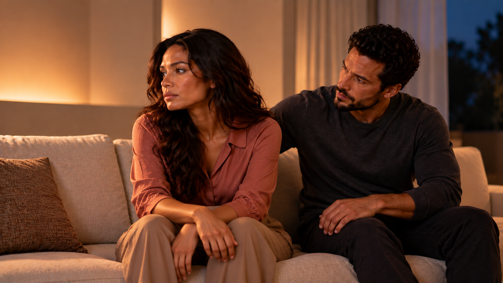 Woman talking about feeling good husband but unhappy while her husband listens during a serious conversation
