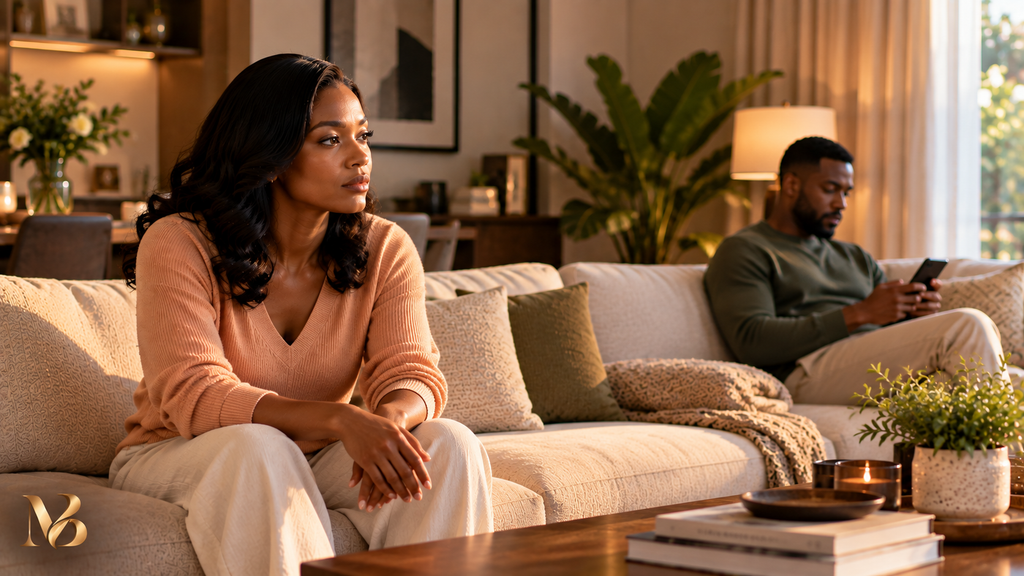 Want to leave my marriage: woman sitting thoughtfully on a sofa while her husband sits separately in the background, showing emotional distance in an otherwise comfortable home.
