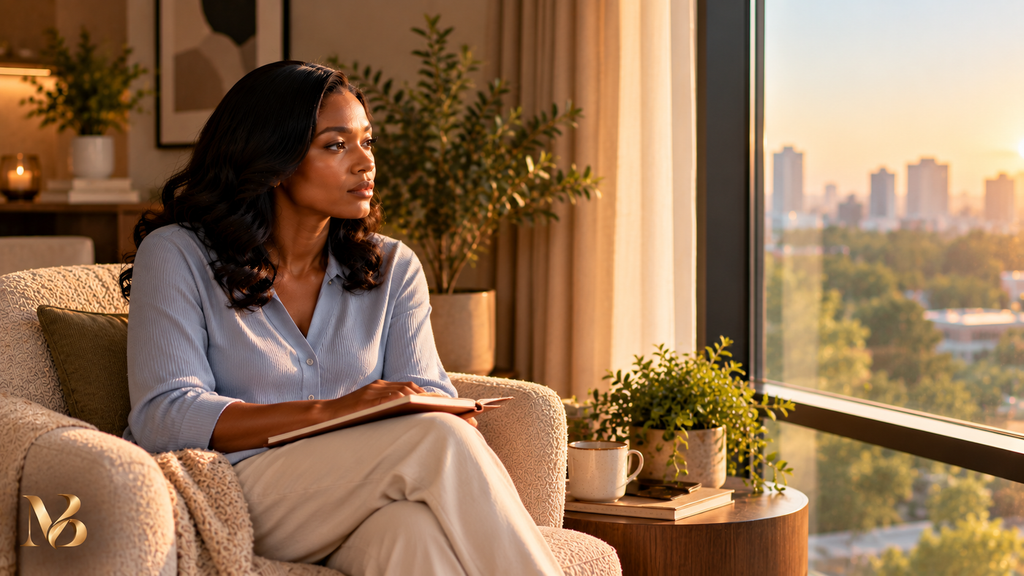 Want to leave my marriage: woman reflecting with a journal beside a window, considering her marriage and the decision ahead.